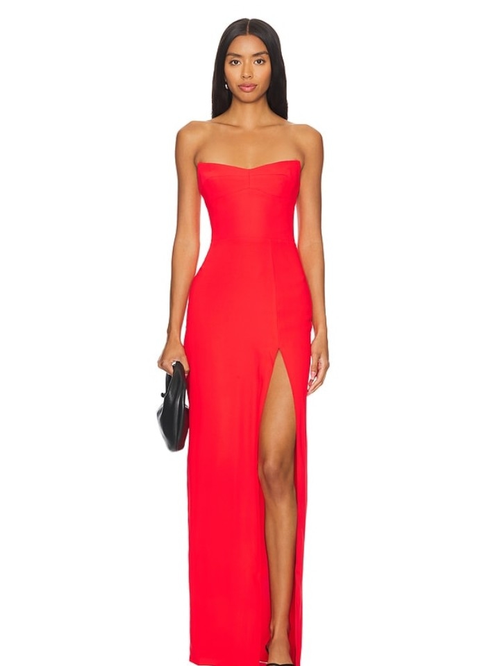 Amanda Uprichard Strapless Red Gown With High Leg Slit